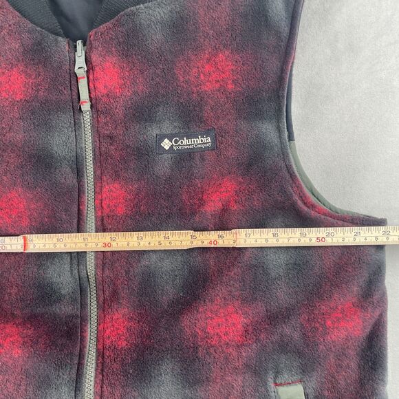 Columbia Vest Men M Black Green Reversible Fleece Plaid Lined Full Zip Hike Fish - Picture 7 of 11